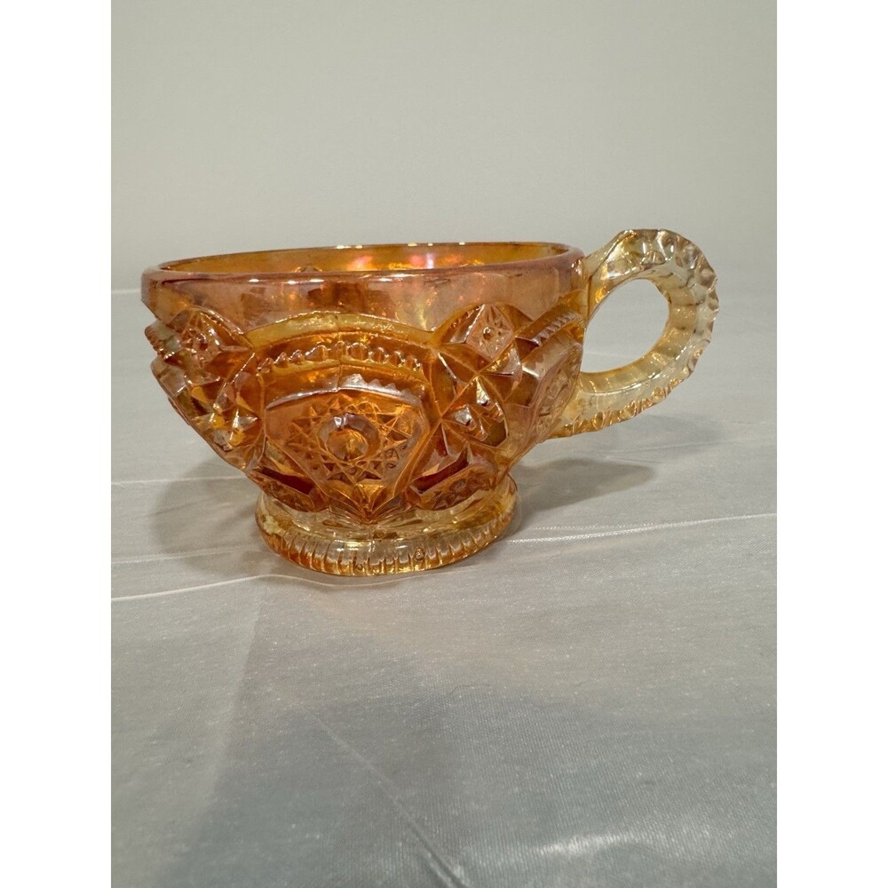 Antique Amber Pressed Glass Teacup Coffee Cup – Starburst & Geometric Pattern - Picture 2 of 5